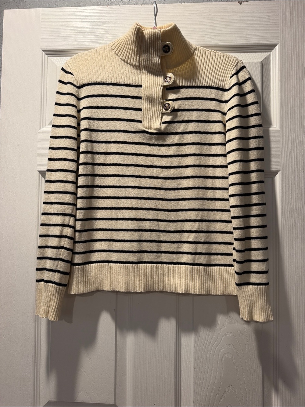 Ralph Lauren Cream and Black Striped Button-Front Turtleneck Sweater